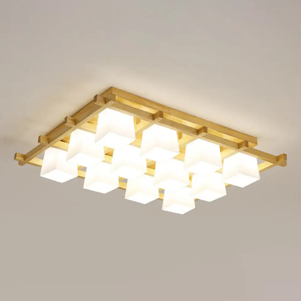 DecorBites™ DecorBites™ White Glass Cube Ceiling Flush Light - Modern Semi Flush Mount Lighting with Wood Grid