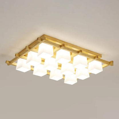 DecorBites™ DecorBites™ White Glass Cube Ceiling Flush Light - Modern Semi Flush Mount Lighting with Wood Grid