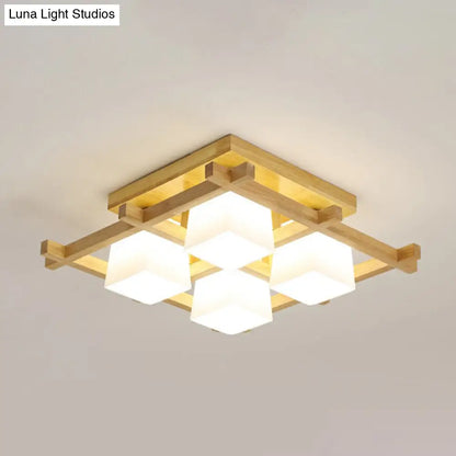 DecorBites™ DecorBites™ White Glass Cube Ceiling Flush Light - Modern Semi Flush Mount Lighting with Wood Grid