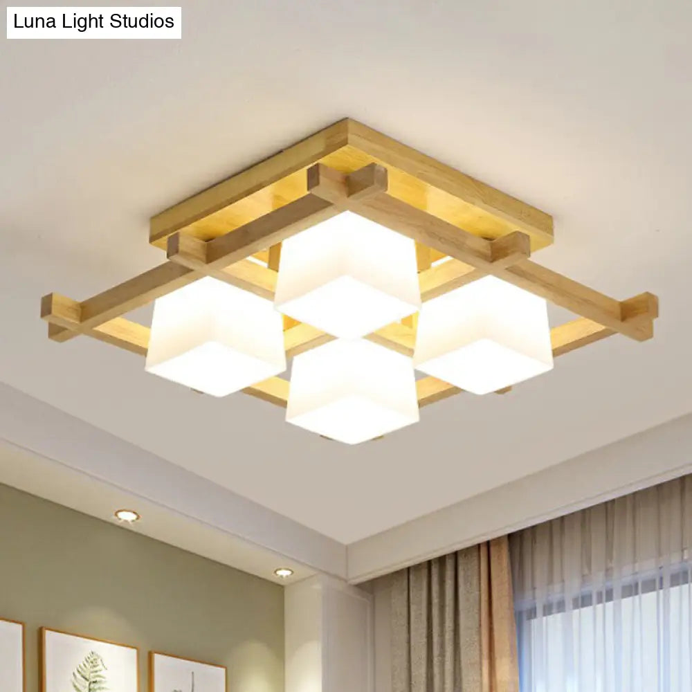 DecorBites™ DecorBites™ White Glass Cube Ceiling Flush Light - Modern Semi Flush Mount Lighting with Wood Grid