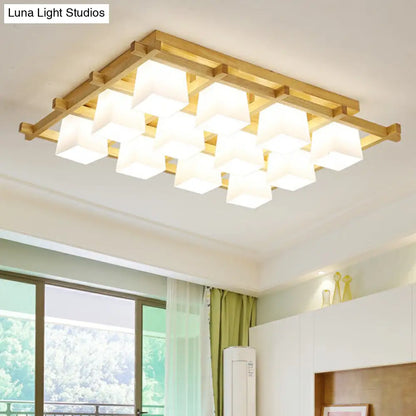 DecorBites™ DecorBites™ White Glass Cube Ceiling Flush Light - Modern Semi Flush Mount Lighting with Wood Grid