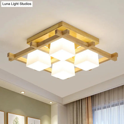 DecorBites™ DecorBites™ White Glass Cube Ceiling Flush Light - Modern Semi Flush Mount Lighting with Wood Grid