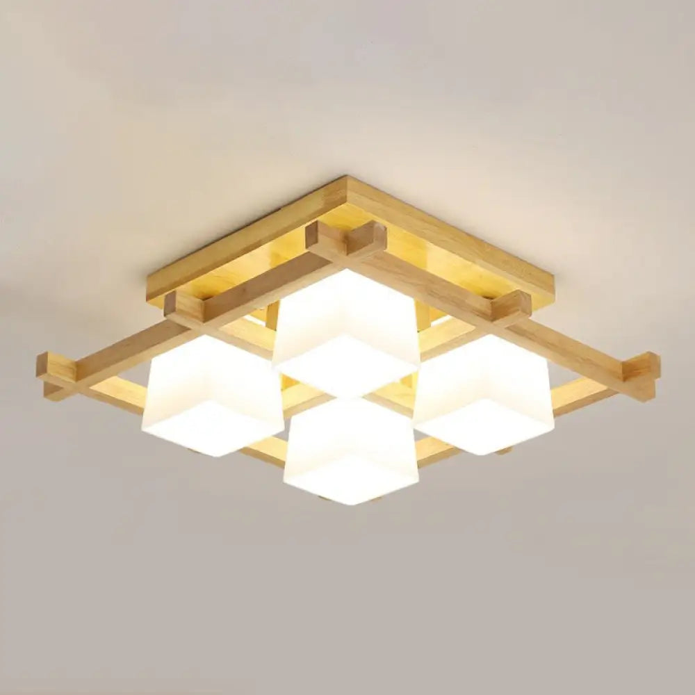 DecorBites™ DecorBites™ White Glass Cube Ceiling Flush Light - Modern Semi Flush Mount Lighting with Wood Grid