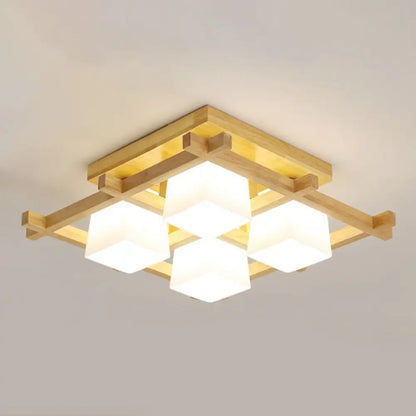 DecorBites™ DecorBites™ White Glass Cube Ceiling Flush Light - Modern Semi Flush Mount Lighting with Wood Grid
