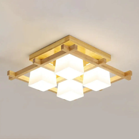 DecorBites™ DecorBites™ White Glass Cube Ceiling Flush Light - Modern Semi Flush Mount Lighting with Wood Grid