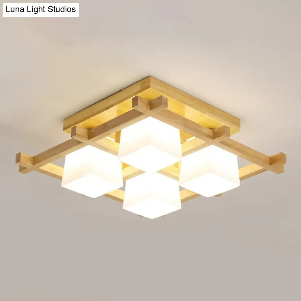 DecorBites™ DecorBites™ White Glass Cube Ceiling Flush Light - Modern Semi Flush Mount Lighting with Wood Grid