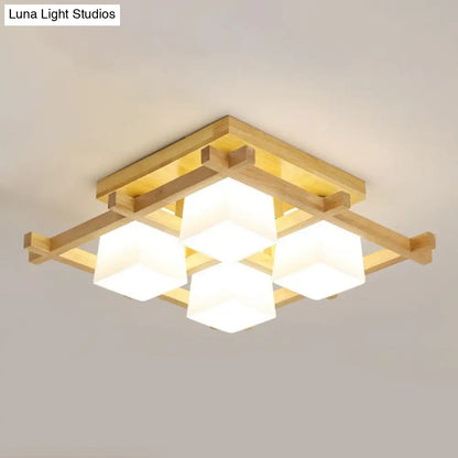 DecorBites™ DecorBites™ White Glass Cube Ceiling Flush Light - Modern Semi Flush Mount Lighting with Wood Grid