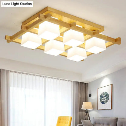 DecorBites™ DecorBites™ White Glass Cube Ceiling Flush Light - Modern Semi Flush Mount Lighting with Wood Grid