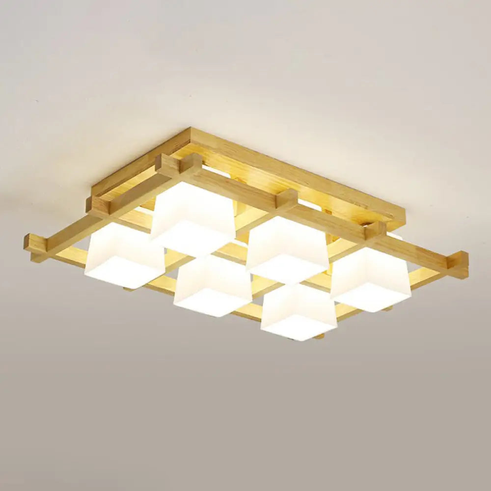 DecorBites™ DecorBites™ White Glass Cube Ceiling Flush Light - Modern Semi Flush Mount Lighting with Wood Grid