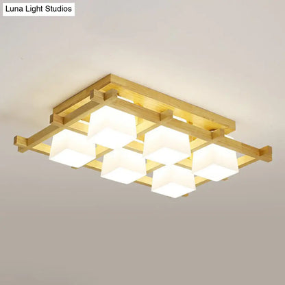 DecorBites™ DecorBites™ White Glass Cube Ceiling Flush Light - Modern Semi Flush Mount Lighting with Wood Grid