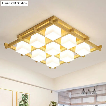 DecorBites™ DecorBites™ White Glass Cube Ceiling Flush Light - Modern Semi Flush Mount Lighting with Wood Grid