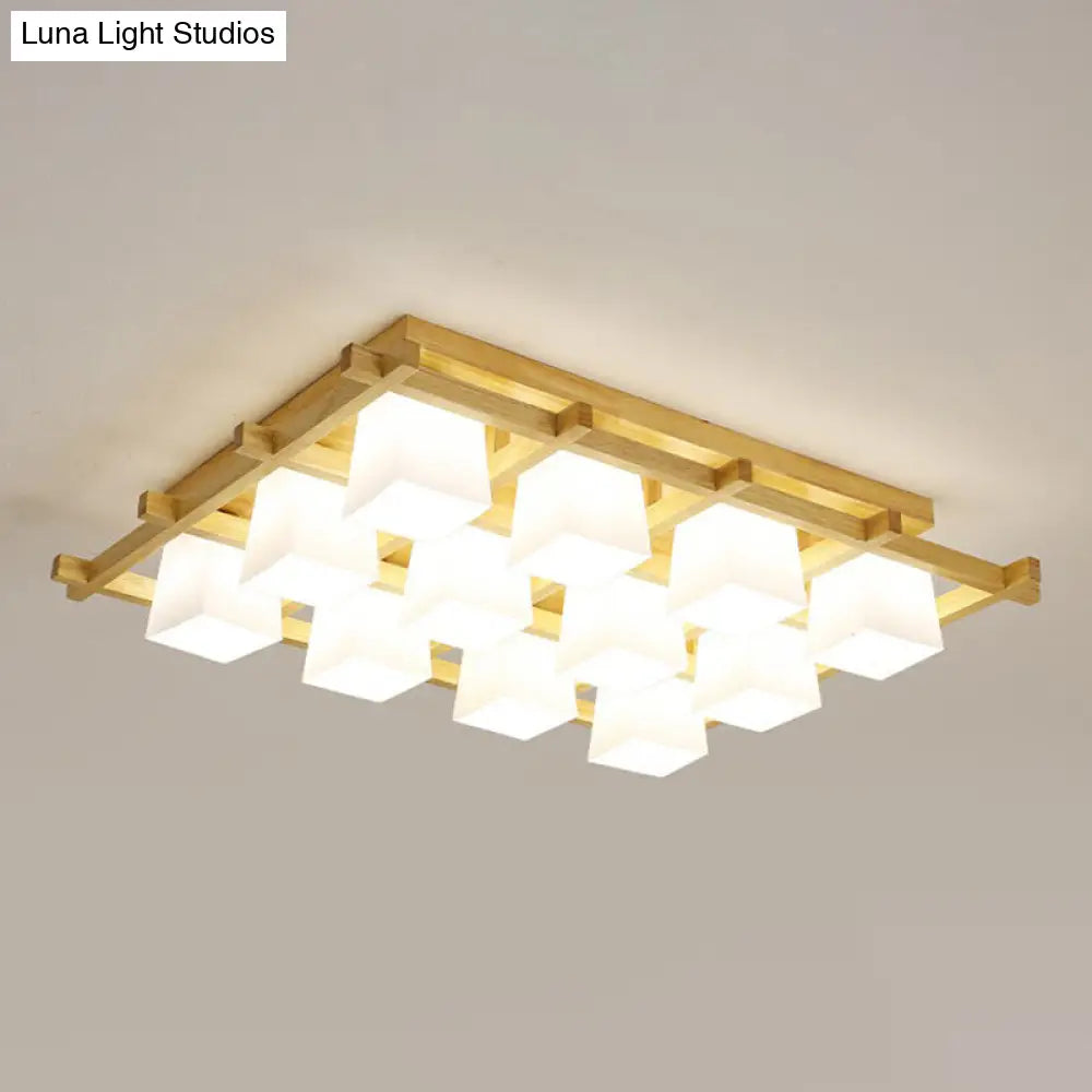 DecorBites™ DecorBites™ White Glass Cube Ceiling Flush Light - Modern Semi Flush Mount Lighting with Wood Grid