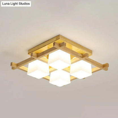 DecorBites™ DecorBites™ White Glass Cube Ceiling Flush Light - Modern Semi Flush Mount Lighting with Wood Grid
