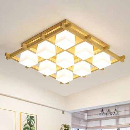 DecorBites™ DecorBites™ White Glass Cube Ceiling Flush Light - Modern Semi Flush Mount Lighting with Wood Grid
