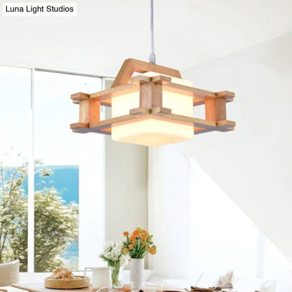 White Glass Cube Pendant Light: Asian Style 1-Bulb Suspension Lamp with Wooden Frame