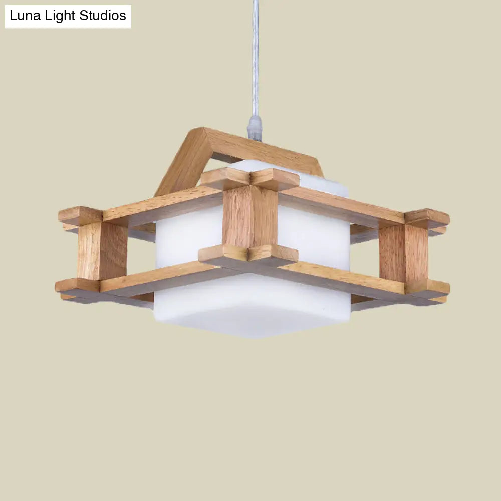 White Glass Cube Pendant Light: Asian Style 1-Bulb Suspension Lamp with Wooden Frame