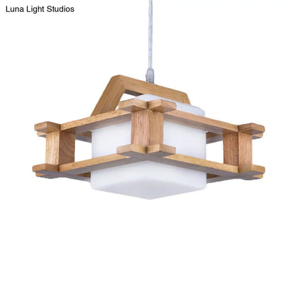 White Glass Cube Pendant Light: Asian Style 1-Bulb Suspension Lamp with Wooden Frame