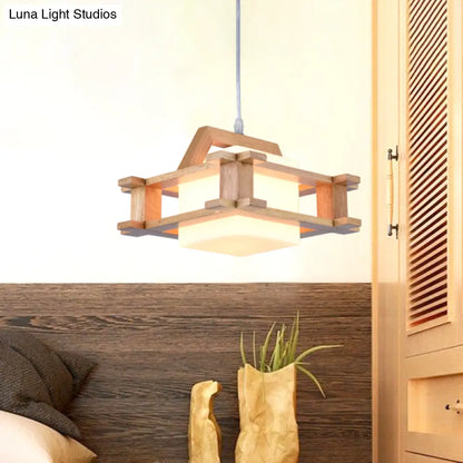 White Glass Cube Pendant Light: Asian Style 1-Bulb Suspension Lamp with Wooden Frame