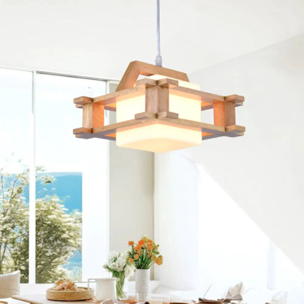 White Glass Cube Pendant Light: Asian Style 1-Bulb Suspension Lamp with Wooden Frame