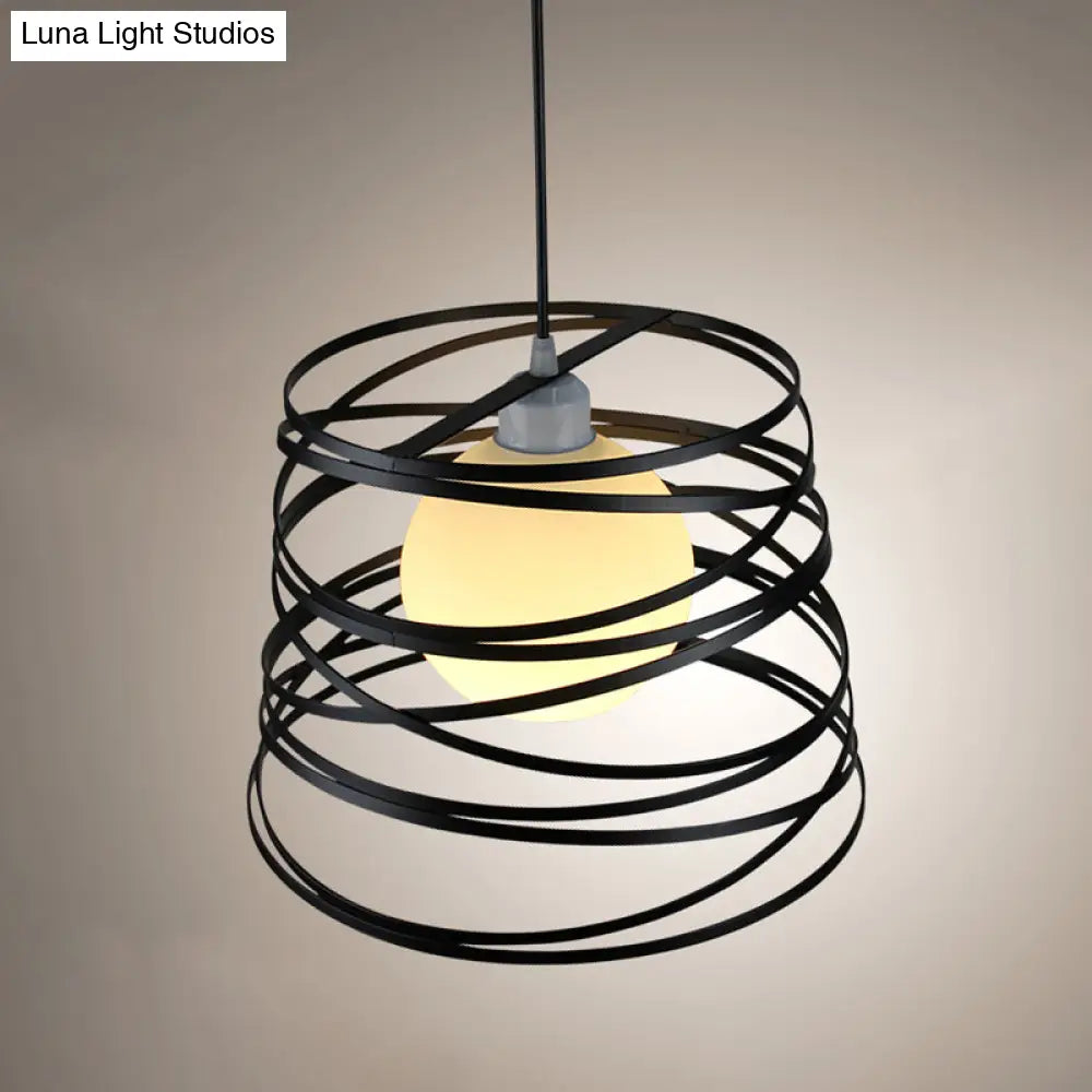 White Glass Domed Suspension Light - Loft Style Pendant with Black Wire Guard