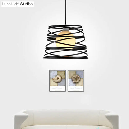 White Glass Domed Suspension Light - Loft Style Pendant with Black Wire Guard