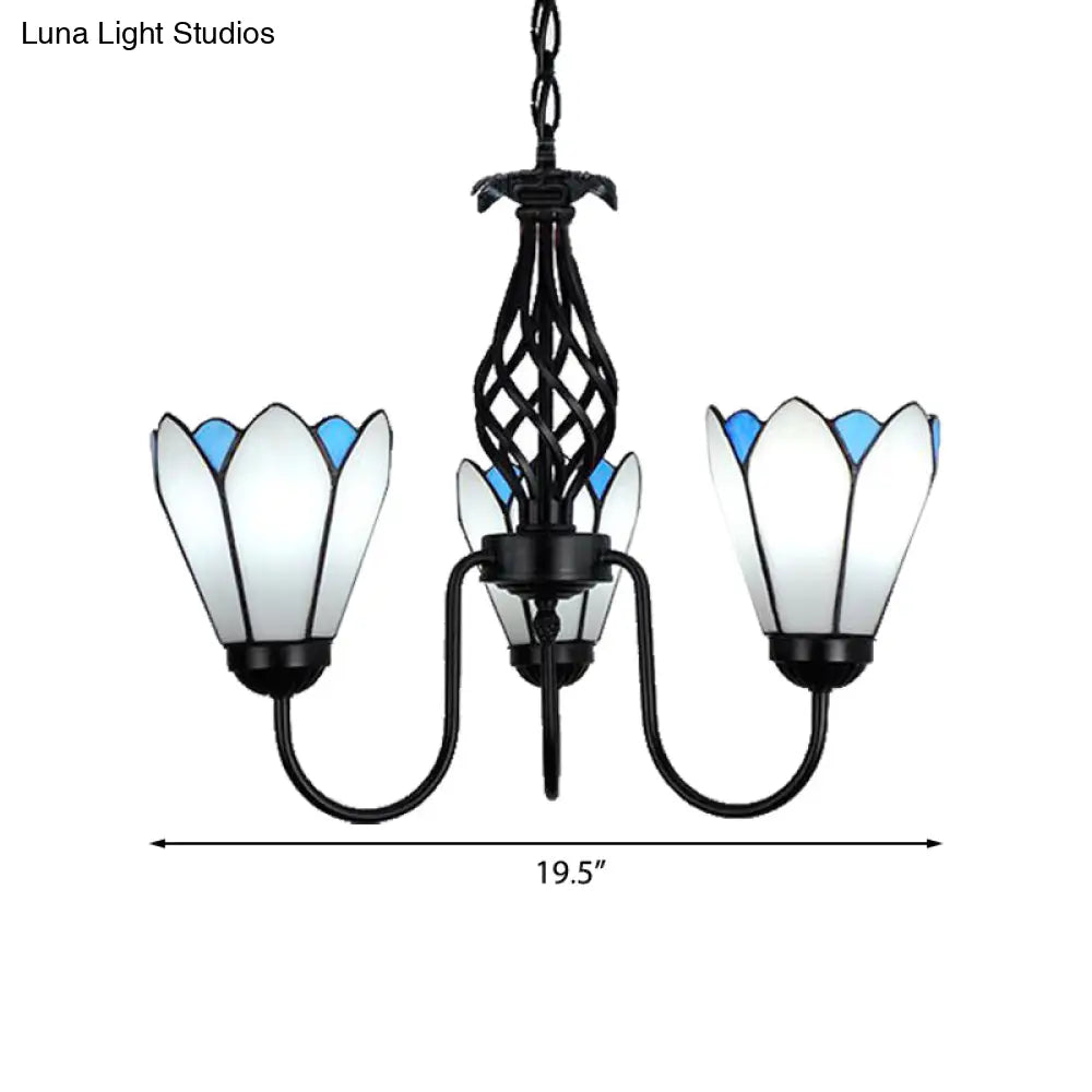 White Glass Floral Chandelier with Curved Arm - 3-Light Hanging Ceiling Fixture for Traditional Bedroom