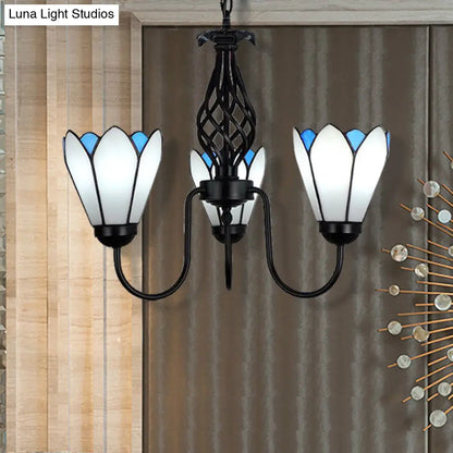 White Glass Floral Chandelier with Curved Arm - 3-Light Hanging Ceiling Fixture for Traditional Bedroom