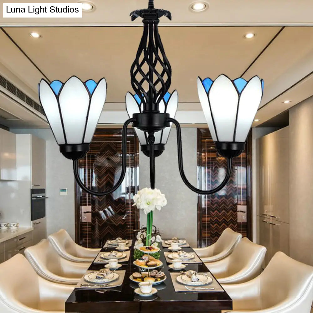 White Glass Floral Chandelier with Curved Arm - 3-Light Hanging Ceiling Fixture for Traditional Bedroom