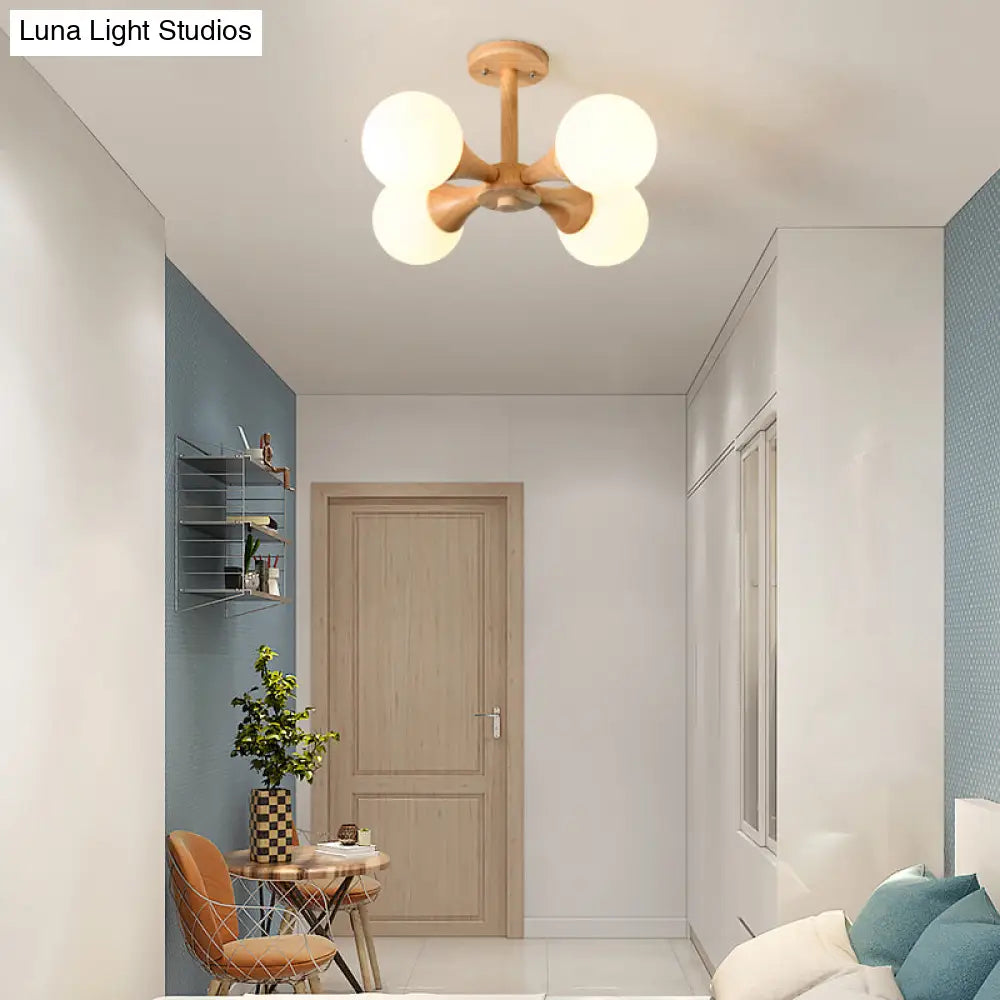 DecorBites™ DecorBites™ White Glass Flush Mount Chandelier with Nordic Style Ball, Wood Canopy - Perfect for Bedrooms