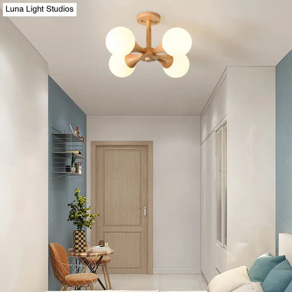 DecorBites™ DecorBites™ White Glass Flush Mount Chandelier with Nordic Style Ball, Wood Canopy - Perfect for Bedrooms