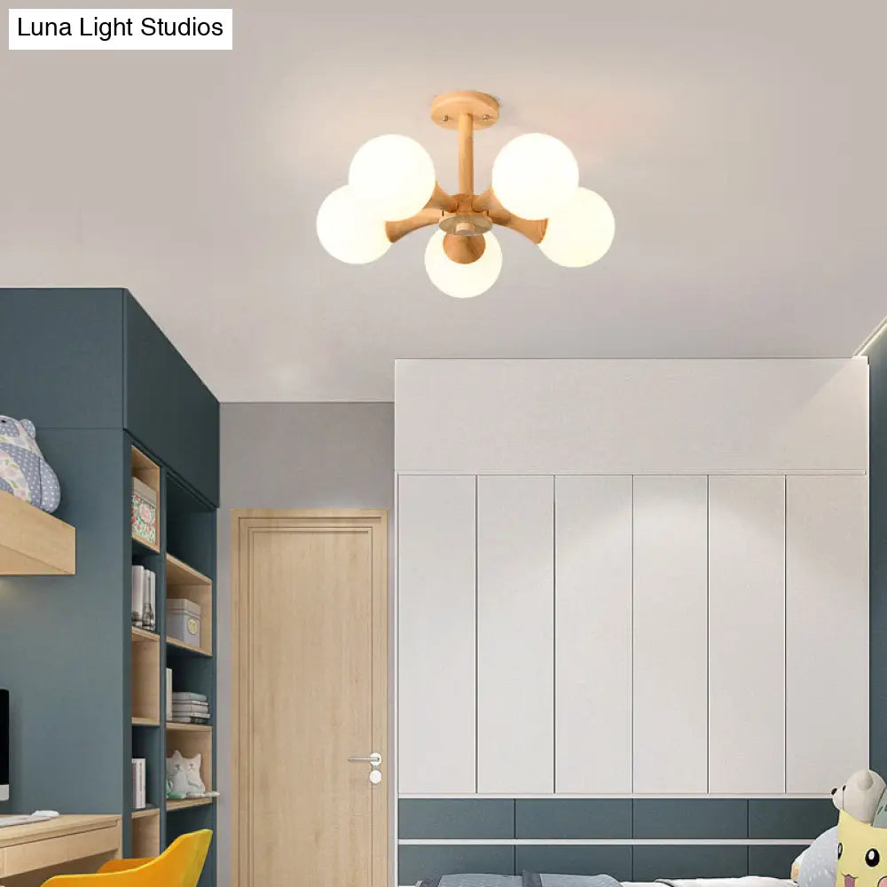 DecorBites™ DecorBites™ White Glass Flush Mount Chandelier with Nordic Style Ball, Wood Canopy - Perfect for Bedrooms