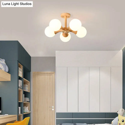 DecorBites™ DecorBites™ White Glass Flush Mount Chandelier with Nordic Style Ball, Wood Canopy - Perfect for Bedrooms