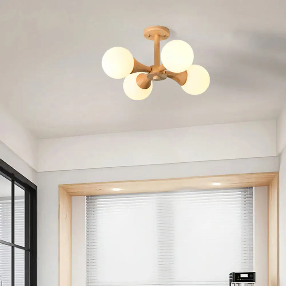 DecorBites™ DecorBites™ White Glass Flush Mount Chandelier with Nordic Style Ball, Wood Canopy - Perfect for Bedrooms