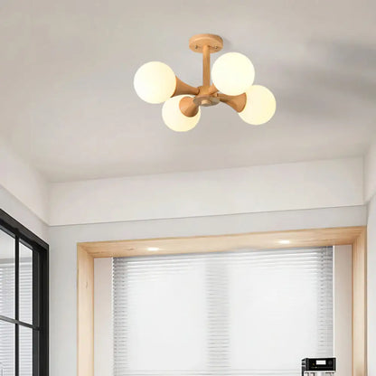 DecorBites™ DecorBites™ White Glass Flush Mount Chandelier with Nordic Style Ball, Wood Canopy - Perfect for Bedrooms