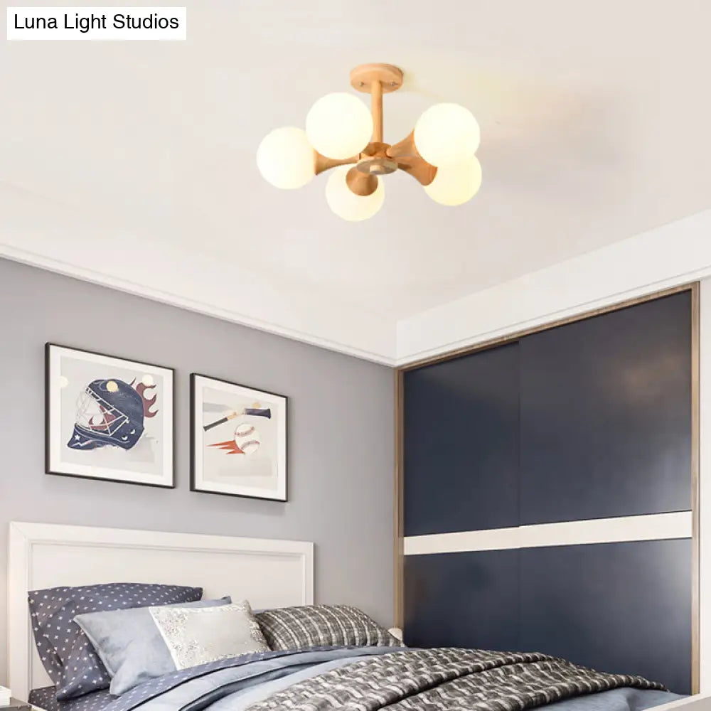 DecorBites™ DecorBites™ White Glass Flush Mount Chandelier with Nordic Style Ball, Wood Canopy - Perfect for Bedrooms