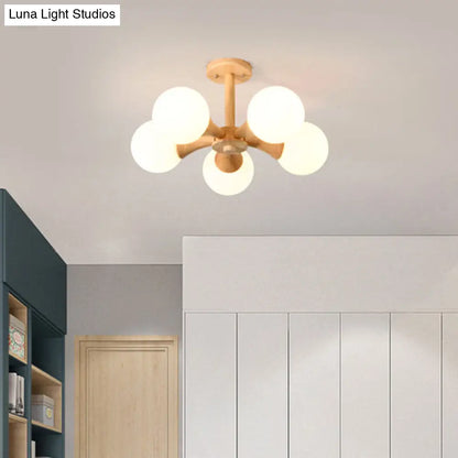 DecorBites™ DecorBites™ White Glass Flush Mount Chandelier with Nordic Style Ball, Wood Canopy - Perfect for Bedrooms