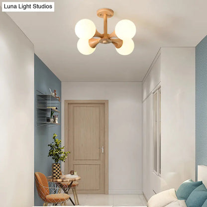 DecorBites™ DecorBites™ White Glass Flush Mount Chandelier with Nordic Style Ball, Wood Canopy - Perfect for Bedrooms