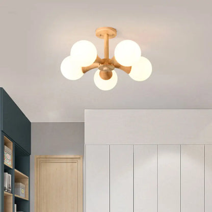 DecorBites™ DecorBites™ White Glass Flush Mount Chandelier with Nordic Style Ball, Wood Canopy - Perfect for Bedrooms
