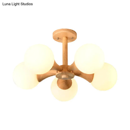 DecorBites™ DecorBites™ White Glass Flush Mount Chandelier with Nordic Style Ball, Wood Canopy - Perfect for Bedrooms
