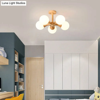 DecorBites™ DecorBites™ White Glass Flush Mount Chandelier with Nordic Style Ball, Wood Canopy - Perfect for Bedrooms