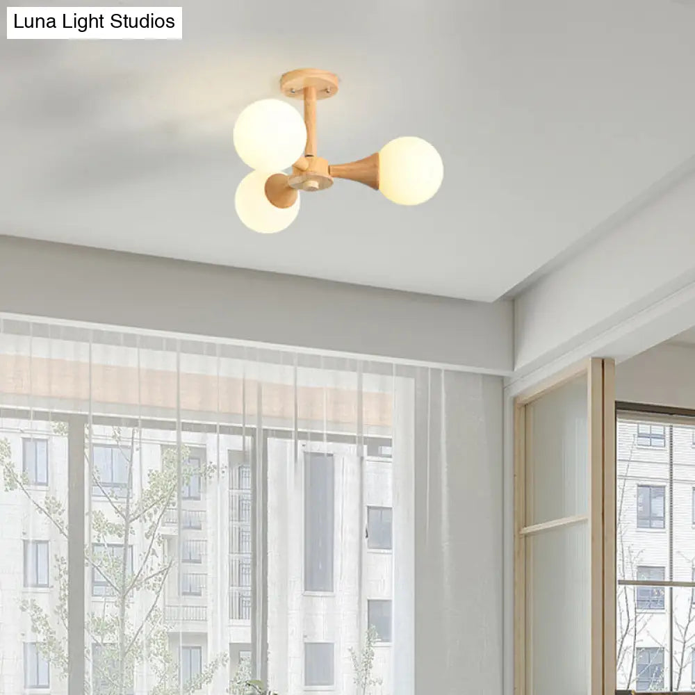 DecorBites™ DecorBites™ White Glass Flush Mount Chandelier with Nordic Style Ball, Wood Canopy - Perfect for Bedrooms