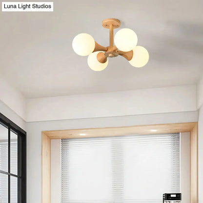 DecorBites™ DecorBites™ White Glass Flush Mount Chandelier with Nordic Style Ball, Wood Canopy - Perfect for Bedrooms