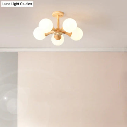 DecorBites™ DecorBites™ White Glass Flush Mount Chandelier with Nordic Style Ball, Wood Canopy - Perfect for Bedrooms