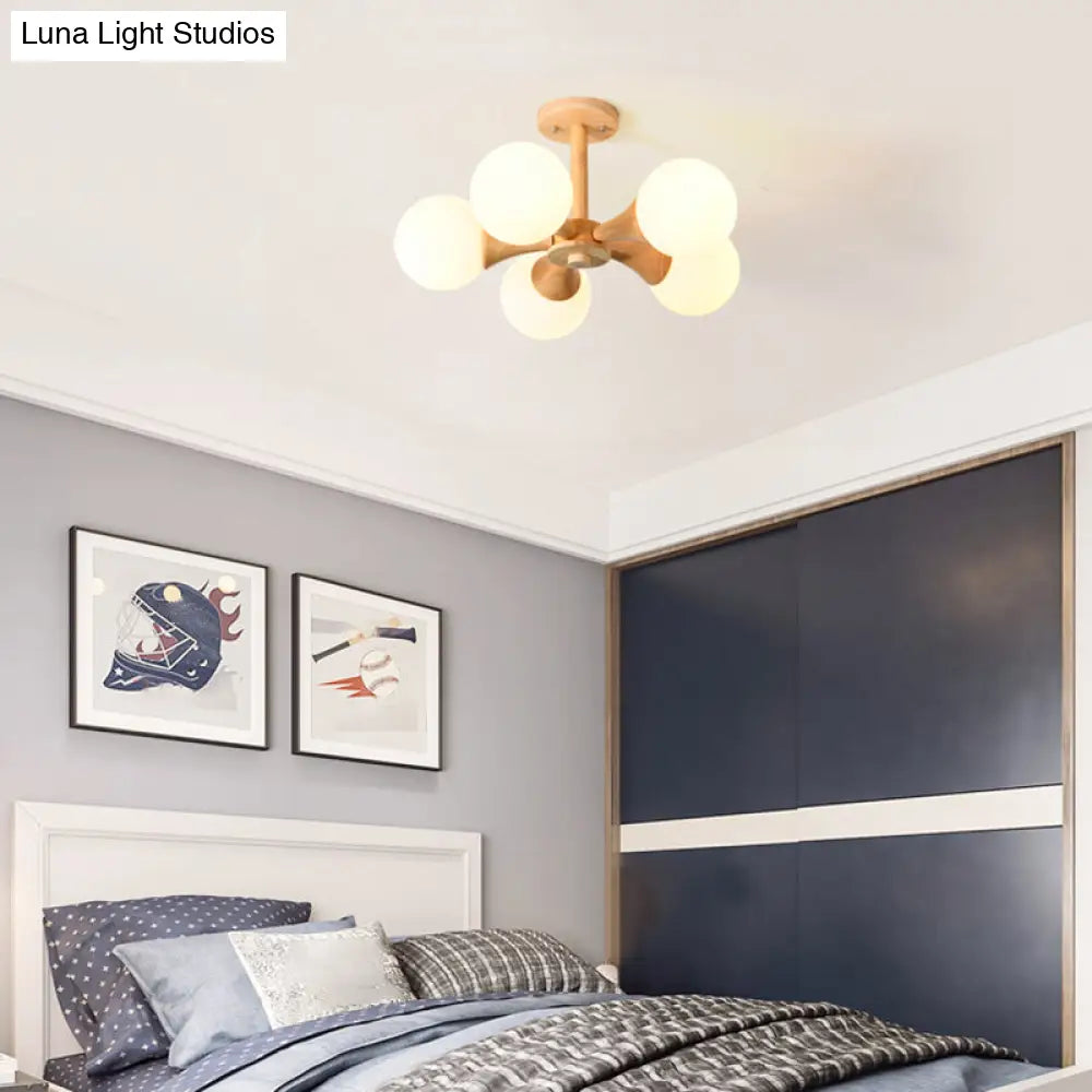 DecorBites™ DecorBites™ White Glass Flush Mount Chandelier with Nordic Style Ball, Wood Canopy - Perfect for Bedrooms