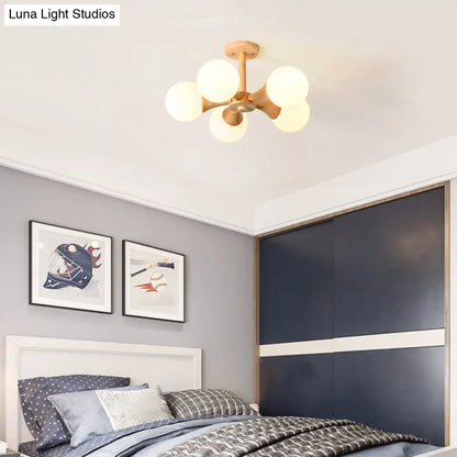 DecorBites™ DecorBites™ White Glass Flush Mount Chandelier with Nordic Style Ball, Wood Canopy - Perfect for Bedrooms
