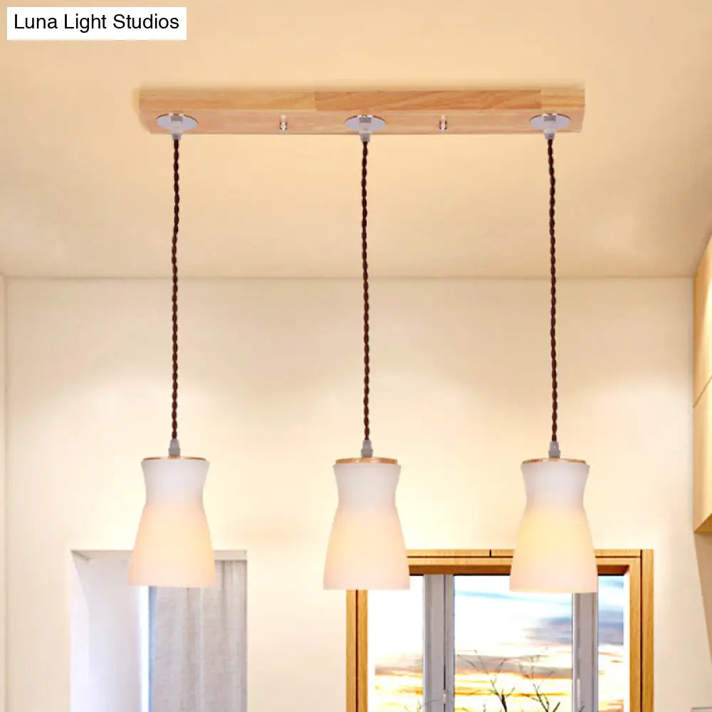 White Glass Milk Can Multi Ceiling Light - Modern Dining Room Hanging Lamp Kit with 3 Lights - Wood Frame