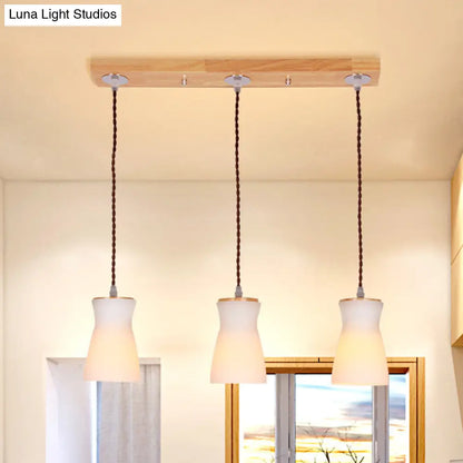 White Glass Milk Can Multi Ceiling Light - Modern Dining Room Hanging Lamp Kit with 3 Lights - Wood Frame