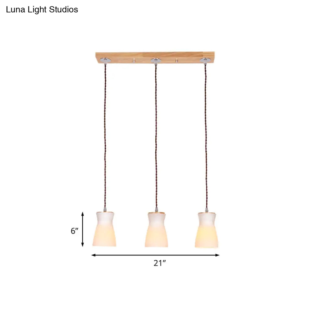 White Glass Milk Can Multi Ceiling Light - Modern Dining Room Hanging Lamp Kit with 3 Lights - Wood Frame