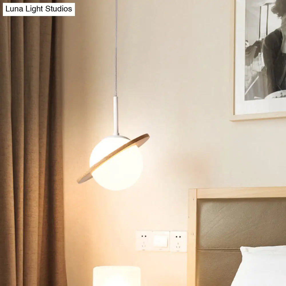 White Glass Pendant Lamp with Wood Ring - Simple Global Hanging Fixture for Bedside