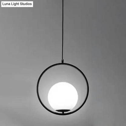 White Glass Pendant Light with Mid-Century Globe Design and Metal Ring